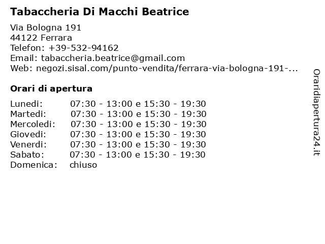 Orari di apertura Tabaccheria Di Macchi Beatrice Via Bologna